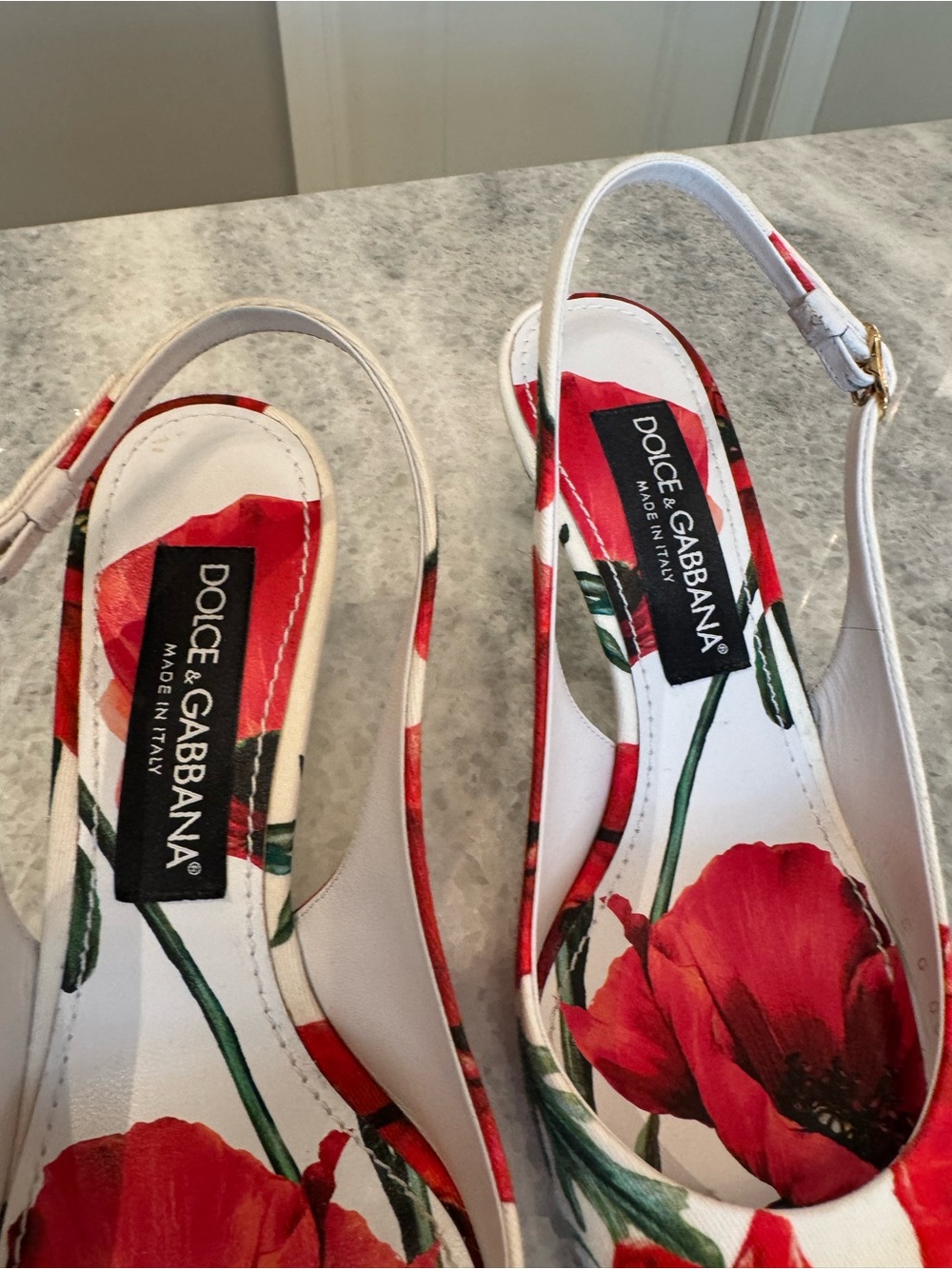 Dolce & Gabbana White Slingback Heels with Red Poppy Print - Picture 7 of 8